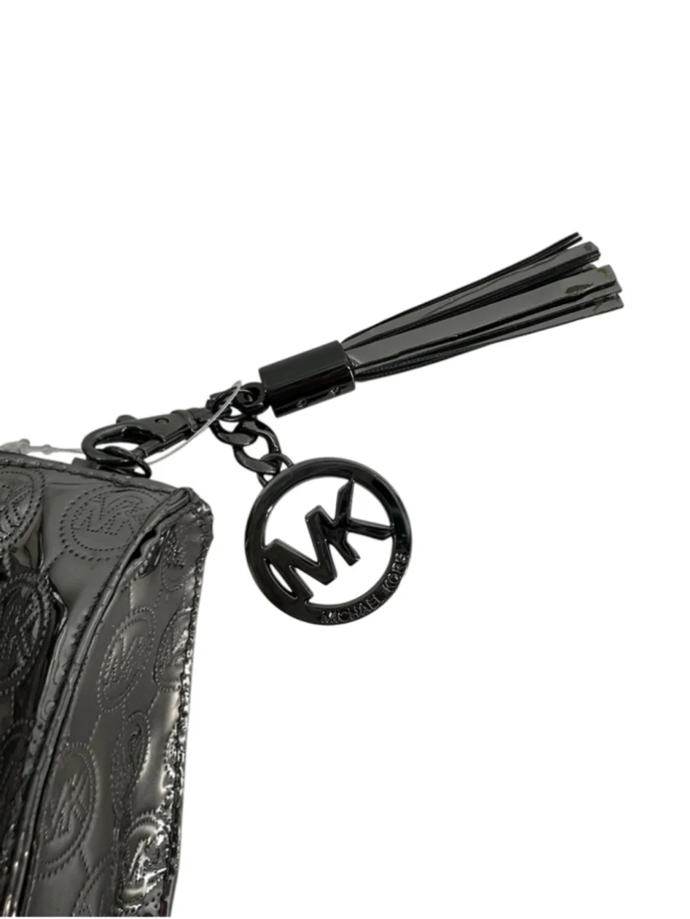 Michael Kors Metallic Gunmetal Embossed MK makeup pouch compartments charm
